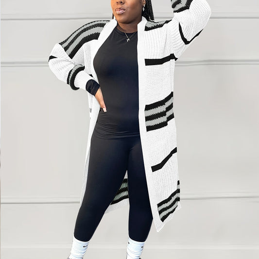  Striped Long Sleeve Open Front Cardigan