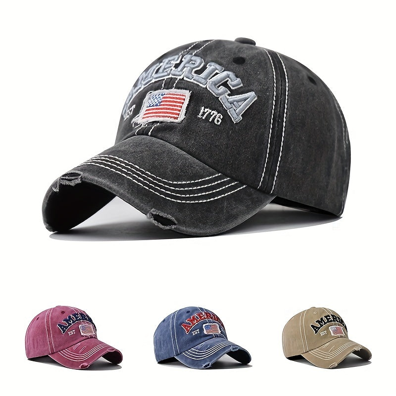 Geometric pattern Vintage Style Baseball Cap with American Flag Embroidery