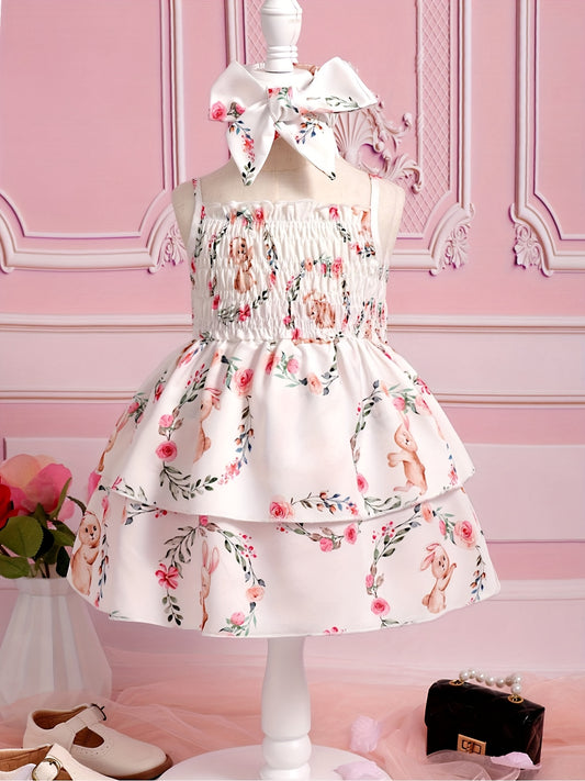 Cute Bunny & Flower Print Puffy Cami Gown Dress