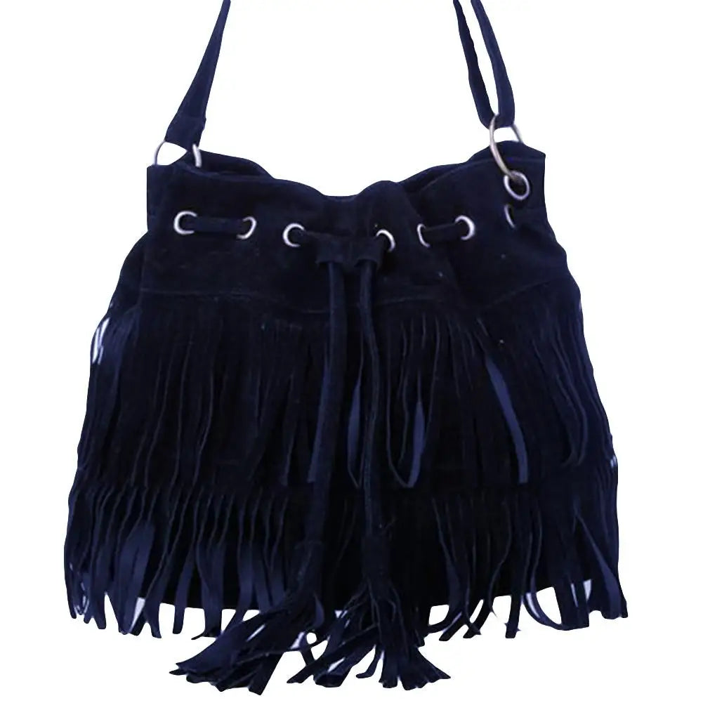 Solid Suede Crossbody Bucket Bag with Fringe