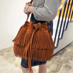 Solid Suede Crossbody Bucket Bag with Fringe