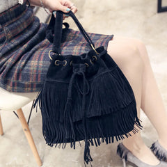Solid Suede Crossbody Bucket Bag with Fringe