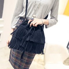 Solid Suede Crossbody Bucket Bag with Fringe
