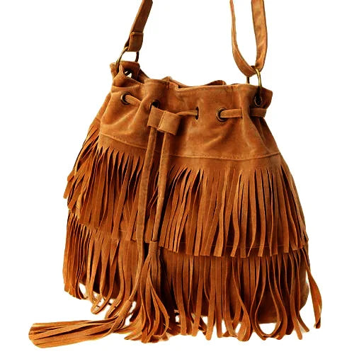 Solid Suede Crossbody Bucket Bag with Fringe