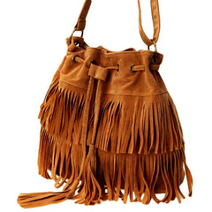 Solid Suede Crossbody Bucket Bag with Fringe