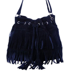 Solid Suede Crossbody Bucket Bag with Fringe