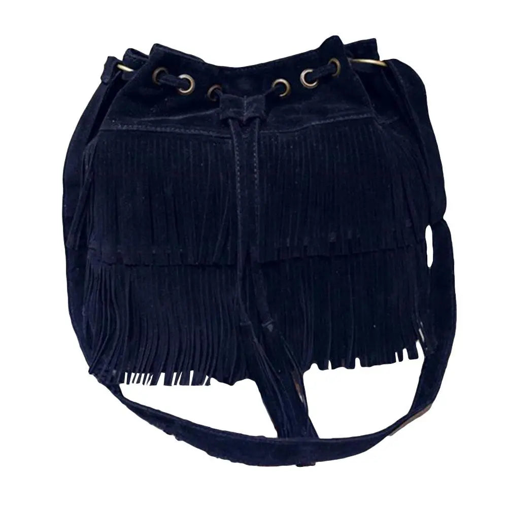 Women Fringe Tassels Drawstring Crossbody Suede Bucket Bag