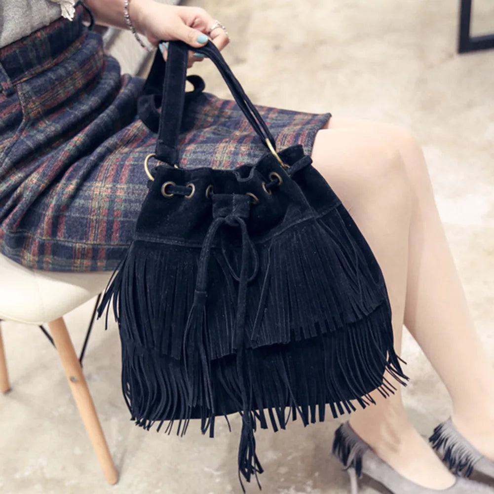 Women Fringe Tassels Drawstring Crossbody Suede Bucket Bag