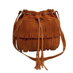 Women Fringe Tassels Drawstring Crossbody Suede Bucket Bag