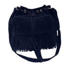 Women Fringe Tassels Drawstring Crossbody Suede Bucket Bag