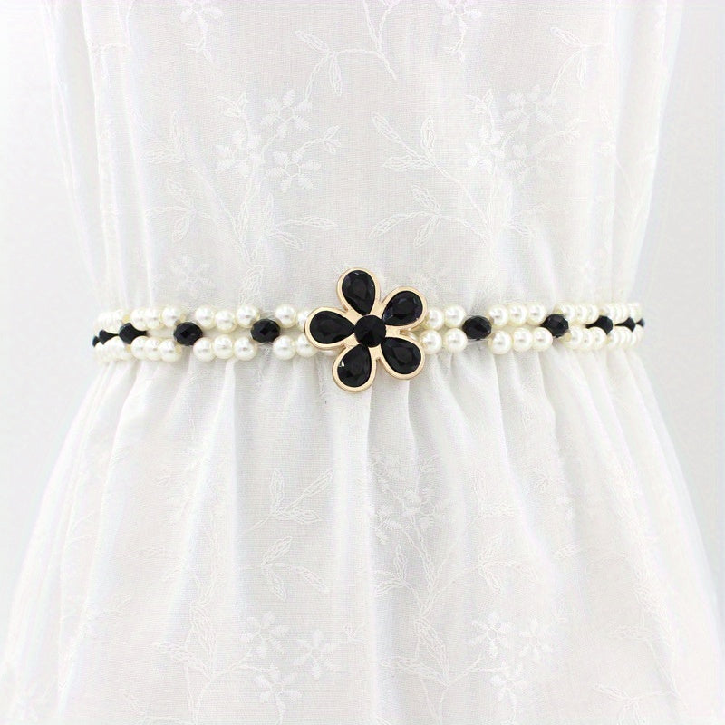 Faux Pearl Girdle Elastic Waistband Women Dress Belt