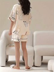 Bear Print Pajama Set Short Sleeve Top & Lounge Shorts Women's Sleepwear