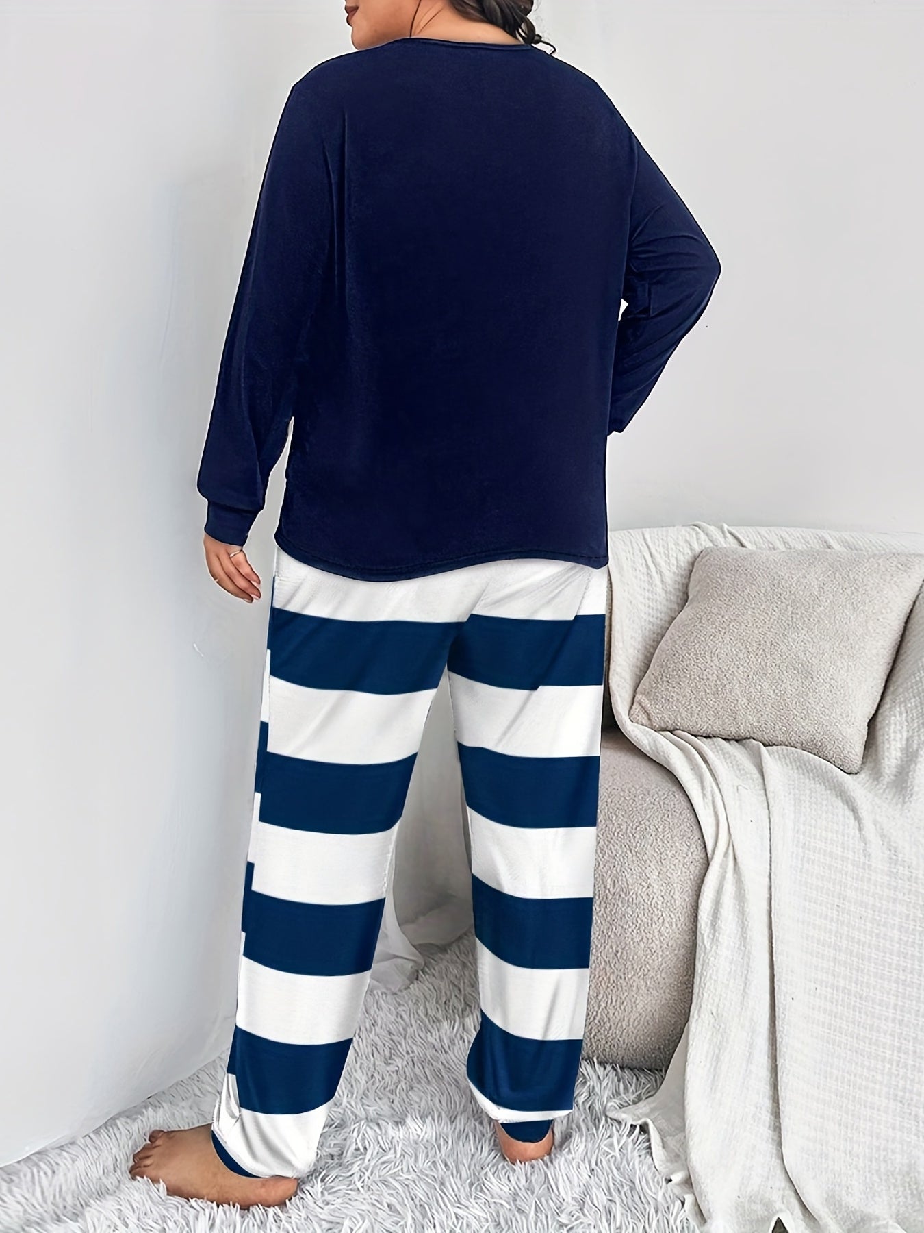  Letter & Anchor Print Tee Striped Joggers Pajamas Set
