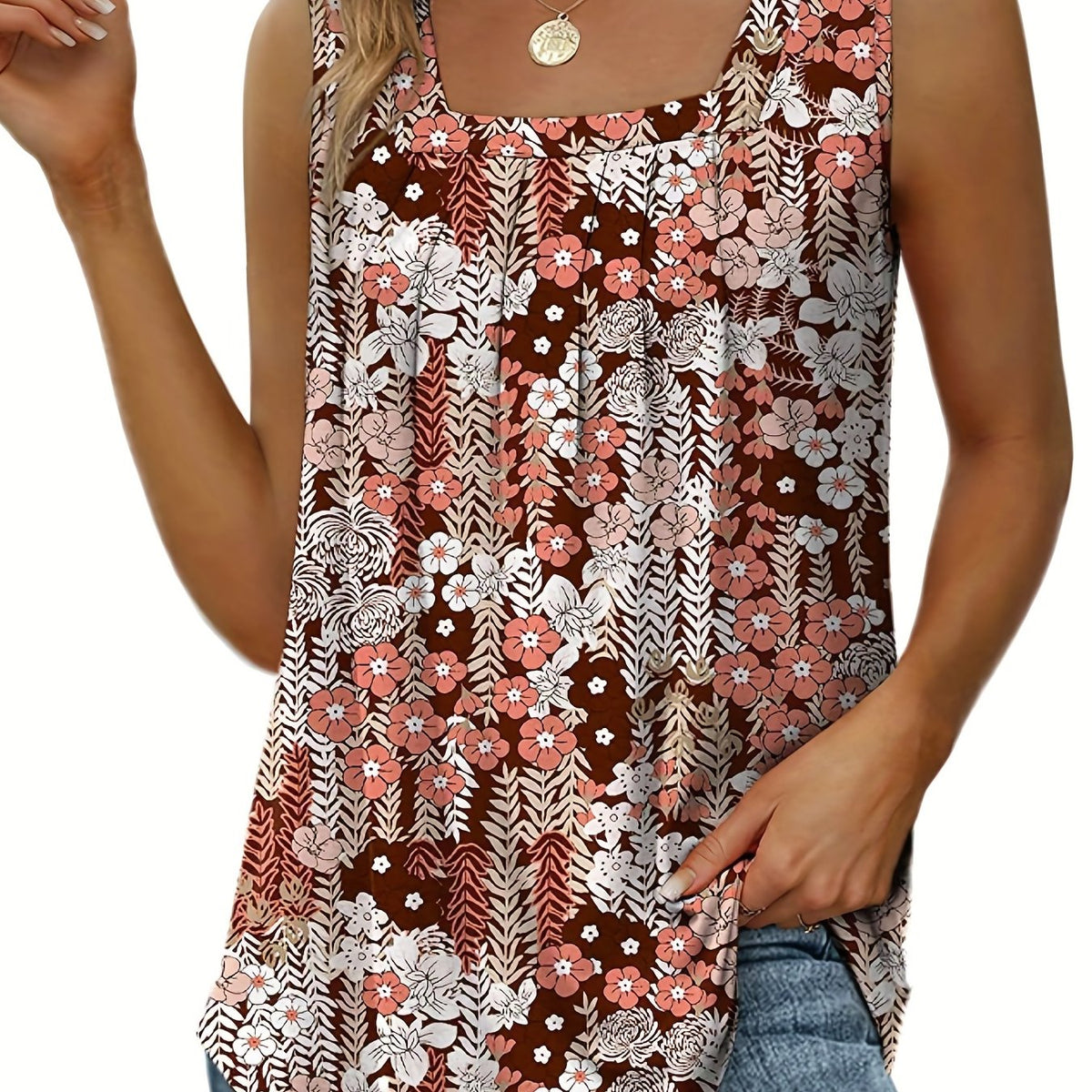 Floral Square Neck Tank Top Sleeveless Casual Summer Blouse
