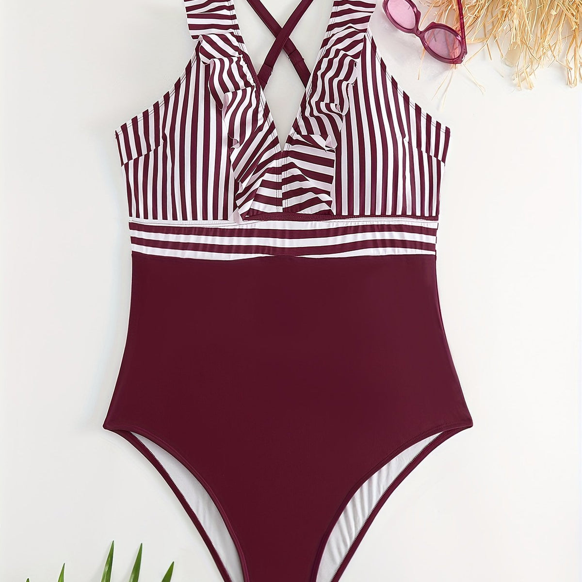  Colorblock Striped V Neck One Piece Swimsuit