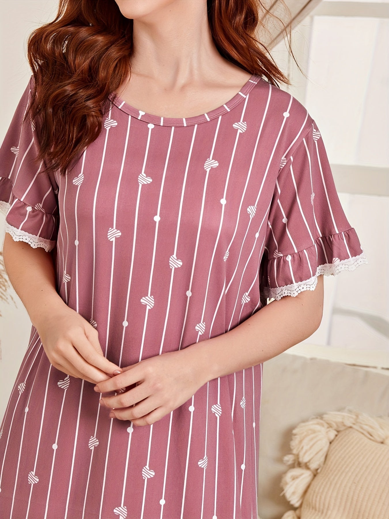 Heart Print Ruffle NightDress Striped Pajama Dress