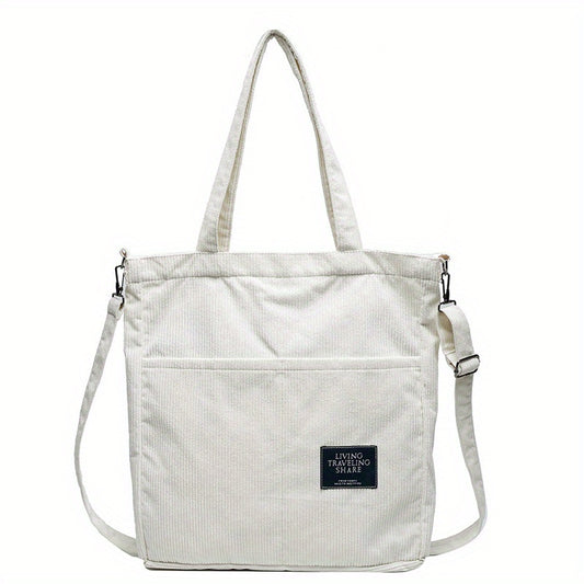 Corduroy Tote Bag with Letter Patch Decor Large Capacity Crossbody Bag