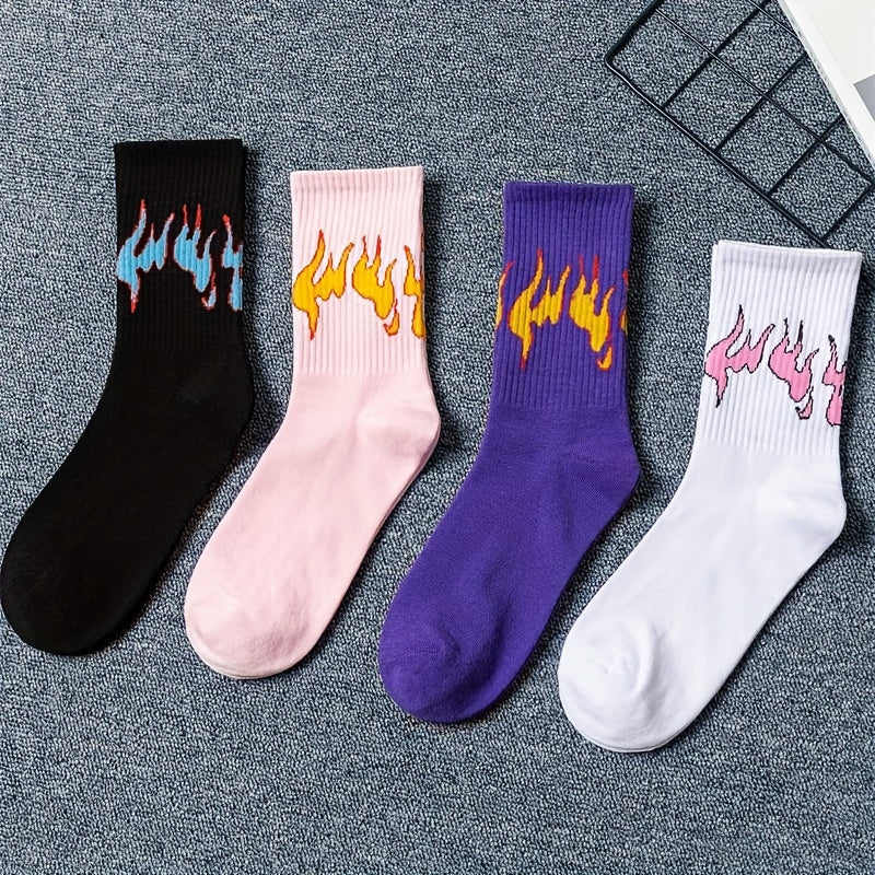 8 Pairs Flame Print Socks Comfy & Breathable Women's Stockings