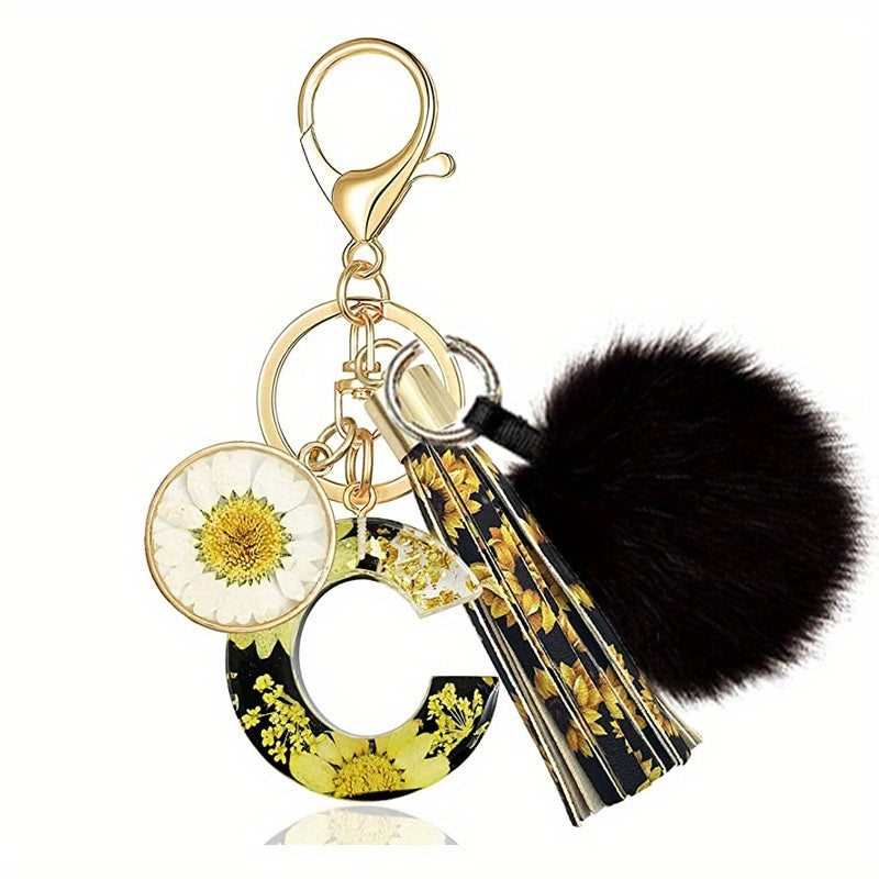 Sunflower Pattern Resin Letter Keychain with Tassel