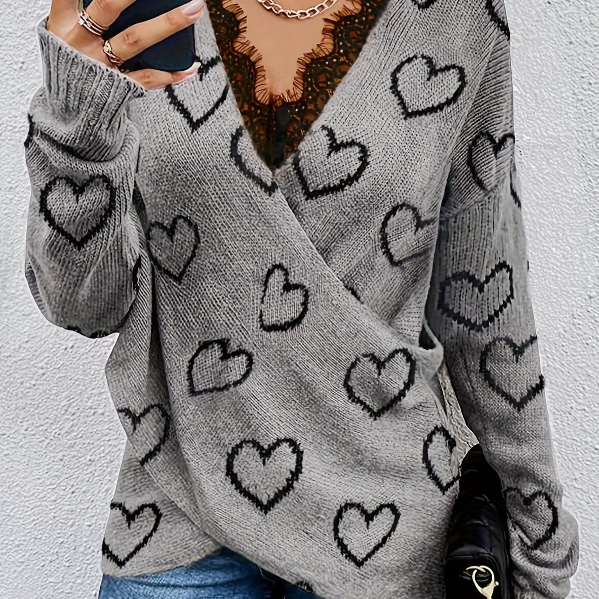  Heart Pattern Lace Long Sleeve V Neck Knit Sweater