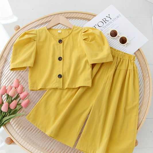 2pcs Toddler Girls Puff Sleeve Button Cotton Blouse Top & Wide Leg Pants Set