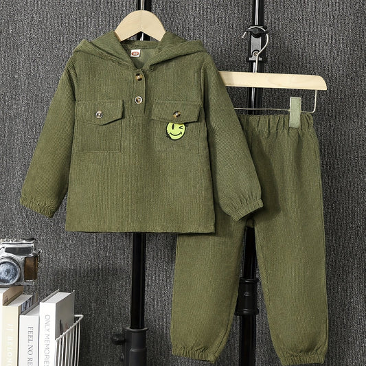 2pcs Boy Smiling Face Hooded Corduroy Pullover & Pants Set for Kids