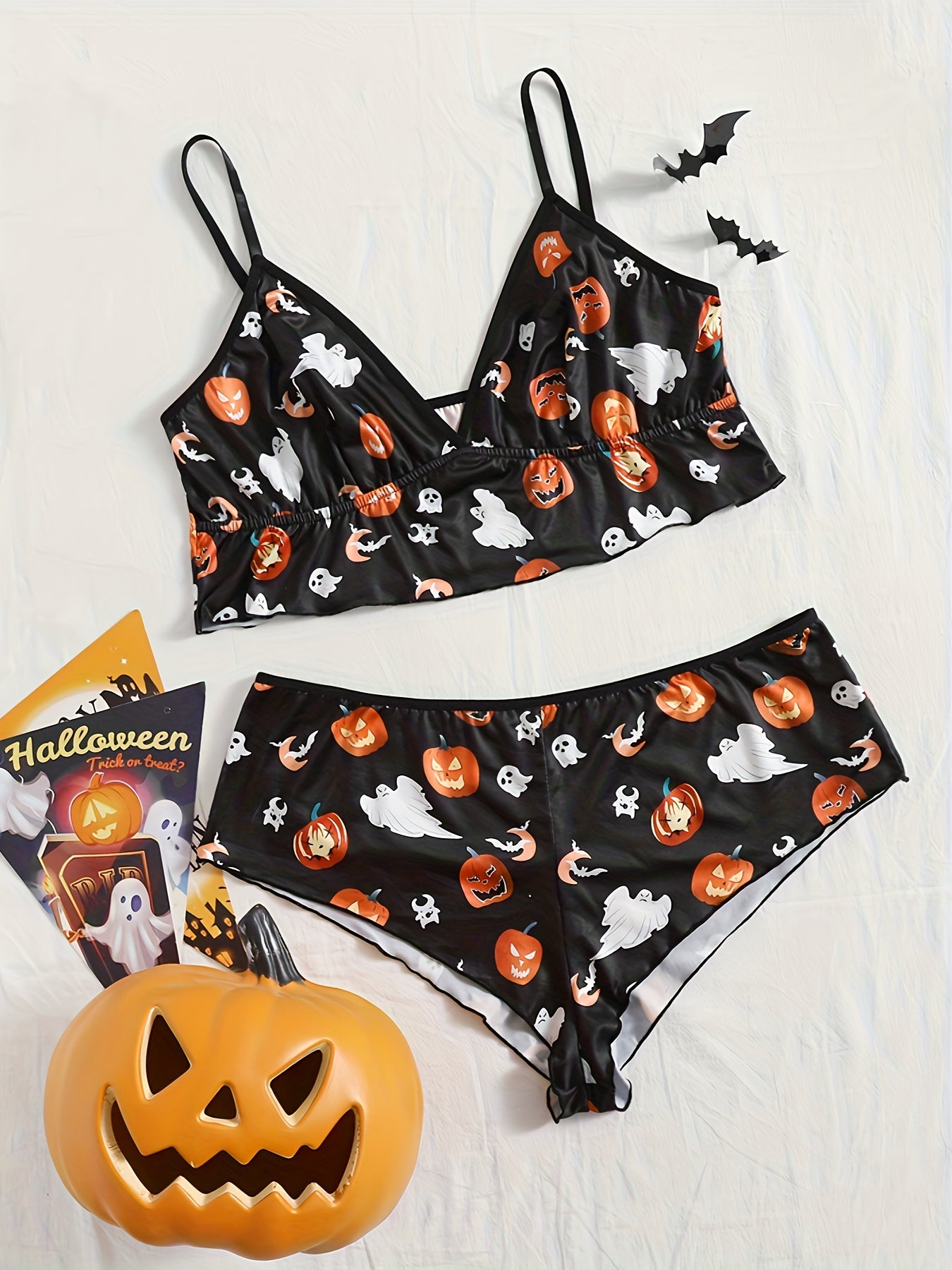  Ghost & Pumpkin Print Ruffle Trim Bra & Panty Set