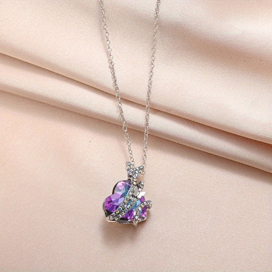 Butterfly Necklace Peach Heart Crystal Chain Clavicle