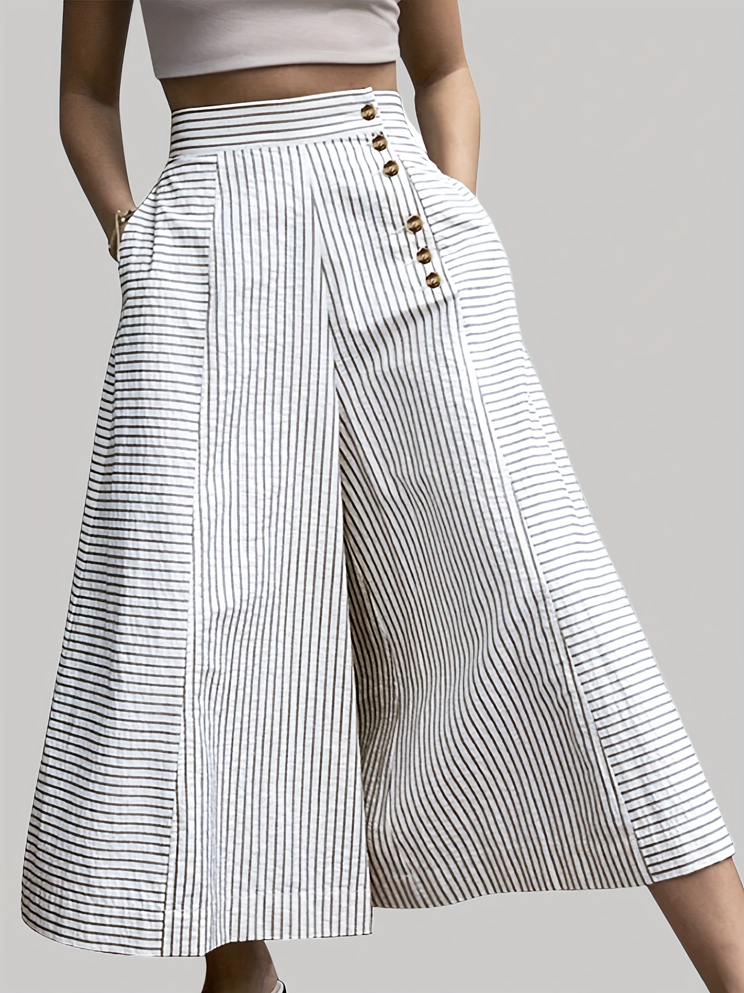  Wide Leg Stripe Print Pants with Pockets