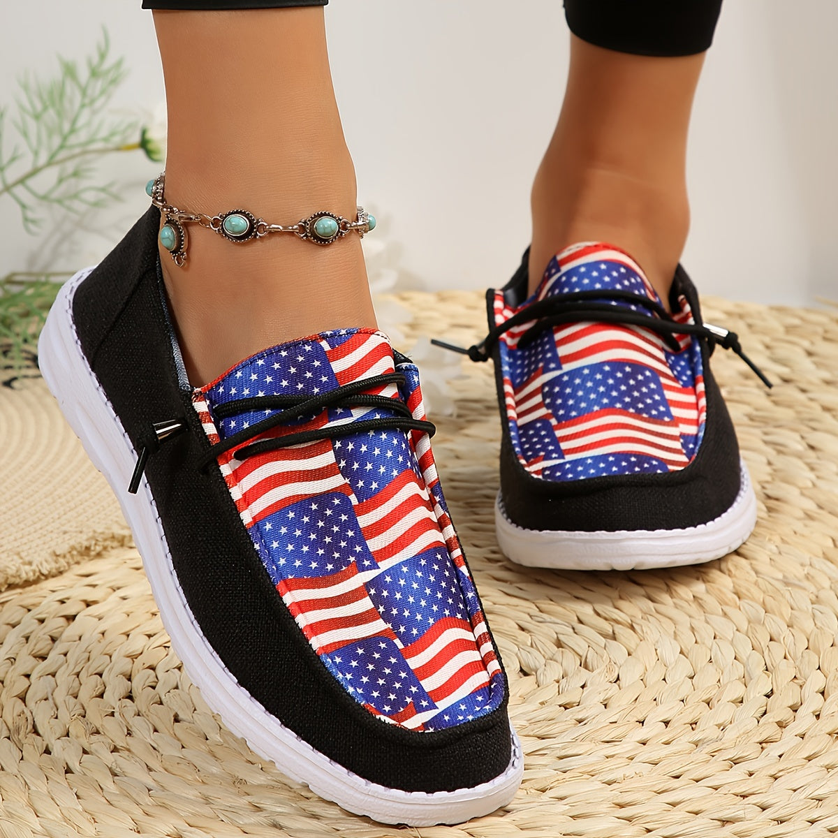Flag Pattern Low Lace Up Flat Canvas Shoes for Women