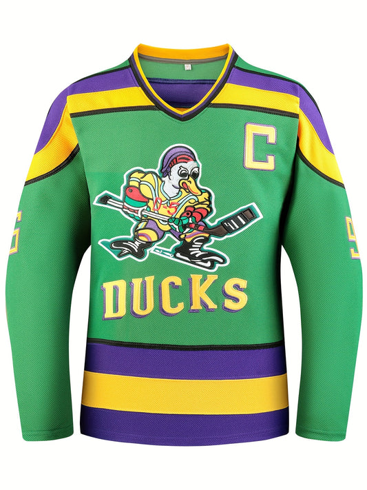 Men's Ducks Hockey Jersey Vintage Stripe V-Neck Long Sleeve Uniform