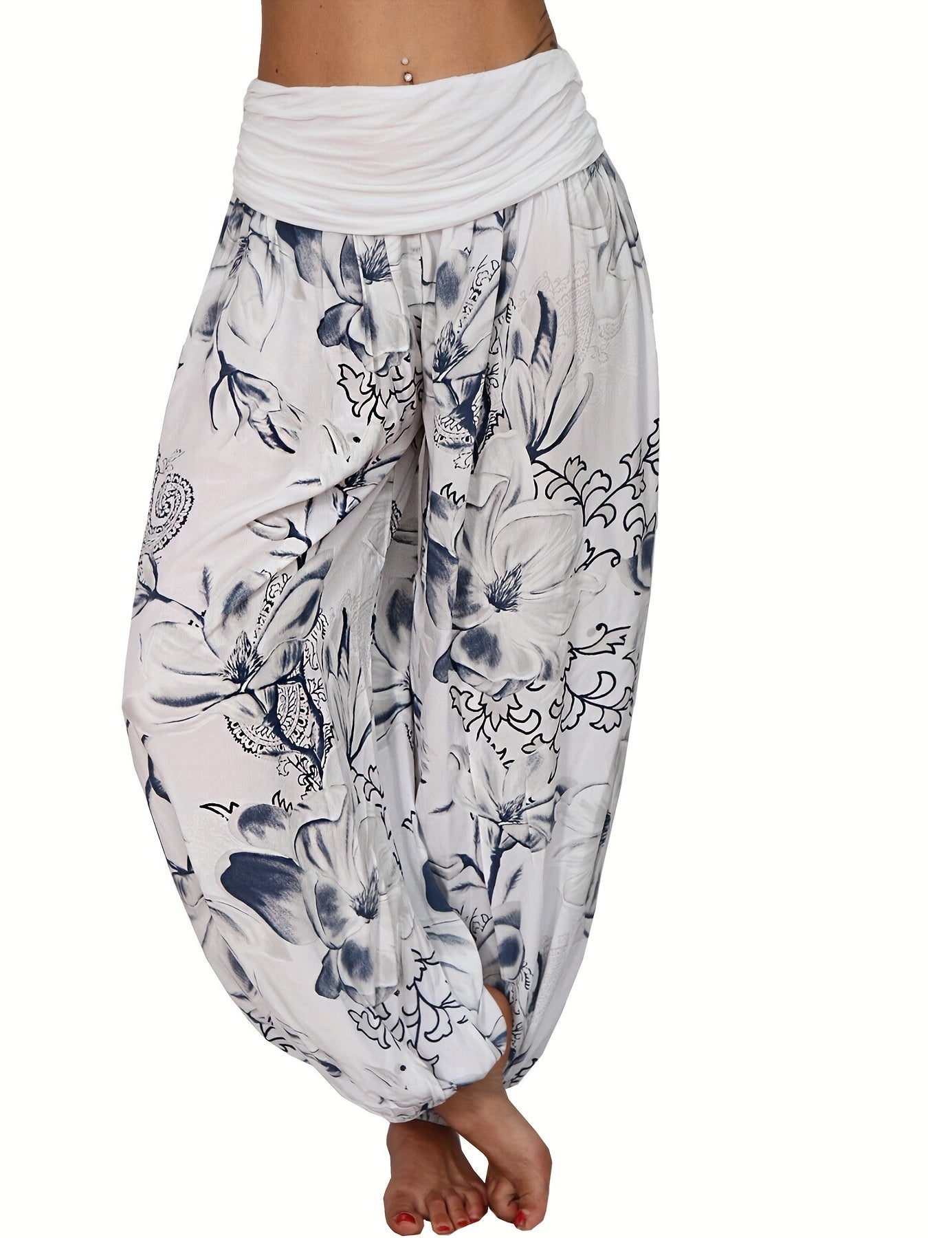 Floral Print Ruched Low Waist Harem Pants