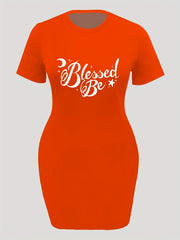  Slogan Print Short Sleeve Round Neck High Stretch Dress