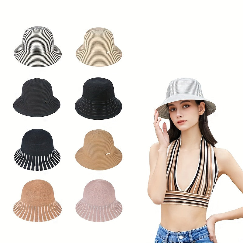 Stripe Jacquard Bucket Hat Sunscreen Summer Sun Hat Women's Casual Cloche Hats