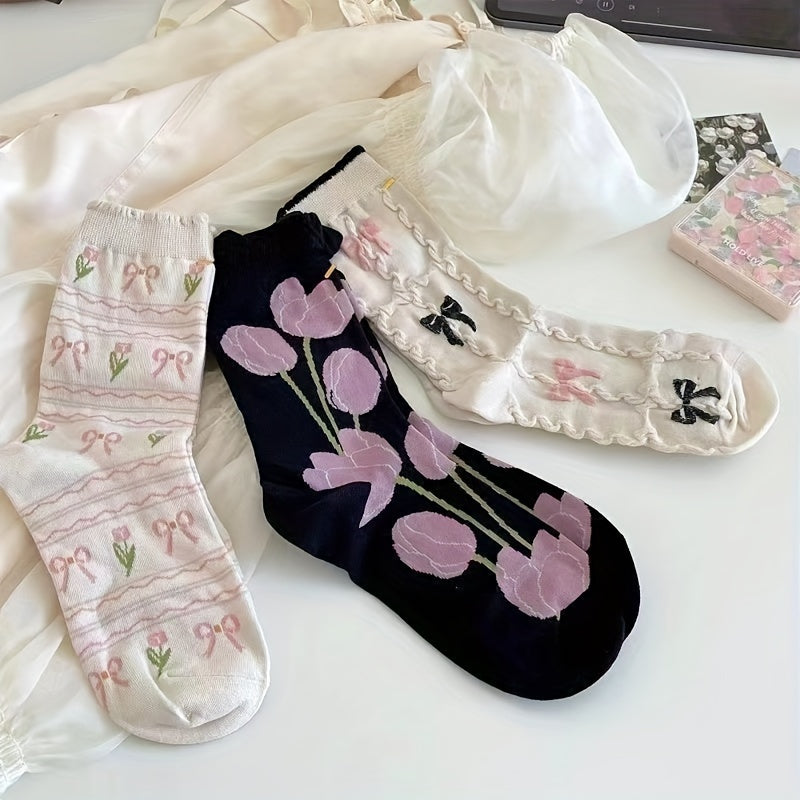 5 Pairs Cute Pattern Mid Tube Socks for Women