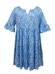  Ditsy Floral Print Bell Sleeve V Neck Casual Dress
