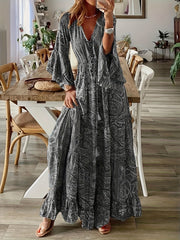 Plus Size Boho Dress Women's Paisley Floral Bell Sleeve V Neck Maxi