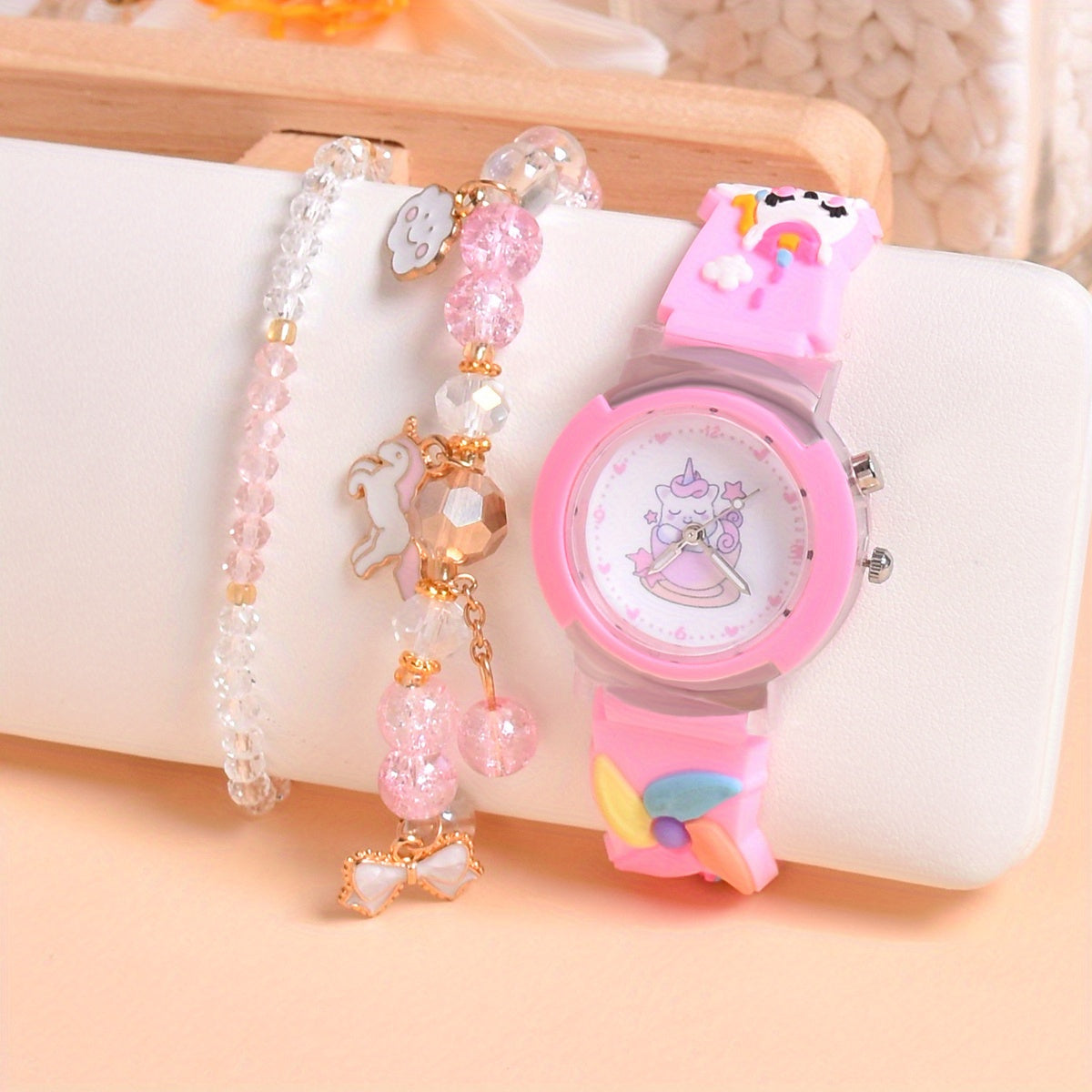 Cute Pony Quartz Watch for Girls with LED Light & Beaded Bracelet Set