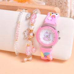 Cute Pony Quartz Watch for Girls with LED Light & Beaded Bracelet Set