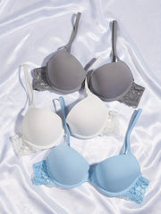 3pcs Lace T Shirt Bras Push Up Comfy & Breathable Women's Lingerie