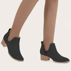 Women's Ruffle Cutout Ankle Boots, Chunky Stacked Heel Slip On