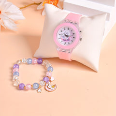 Cartoon Moon Rabbit Silicone Strap Girls Watch Set