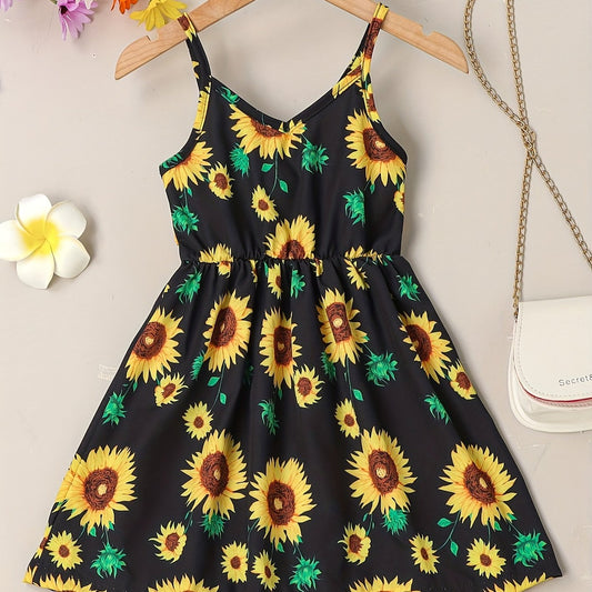 Girls Sunflower Cami Dress Kids Summer Vacation Casual Dress