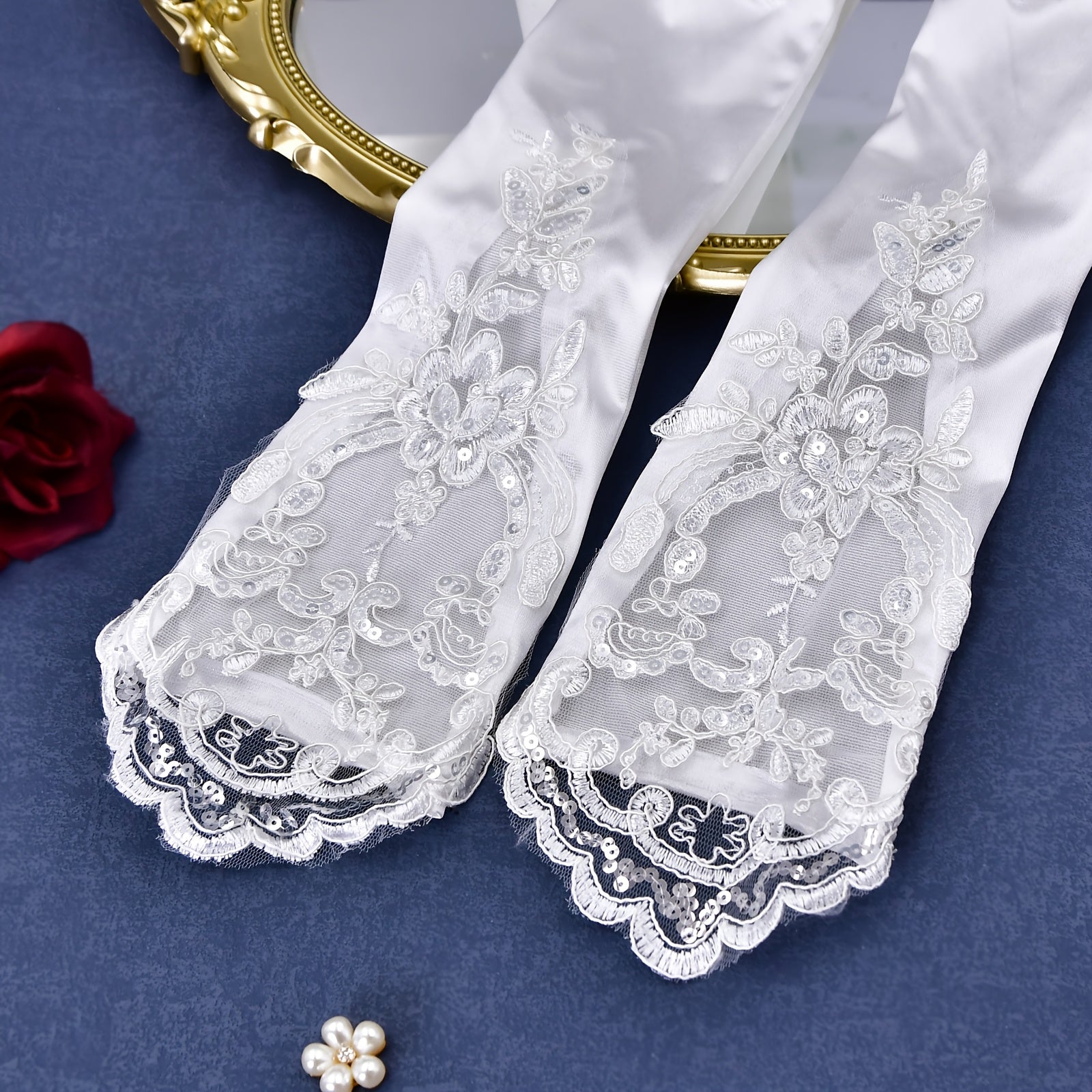 Satin Bridal Gloves with Sequin Accents Long Sleeve