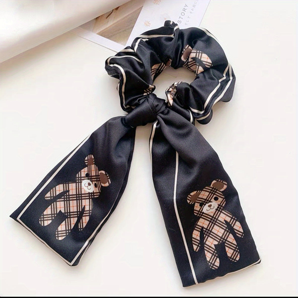 Streamer Bow Knot Bear Pattern Hair Tie Large Scrunchie