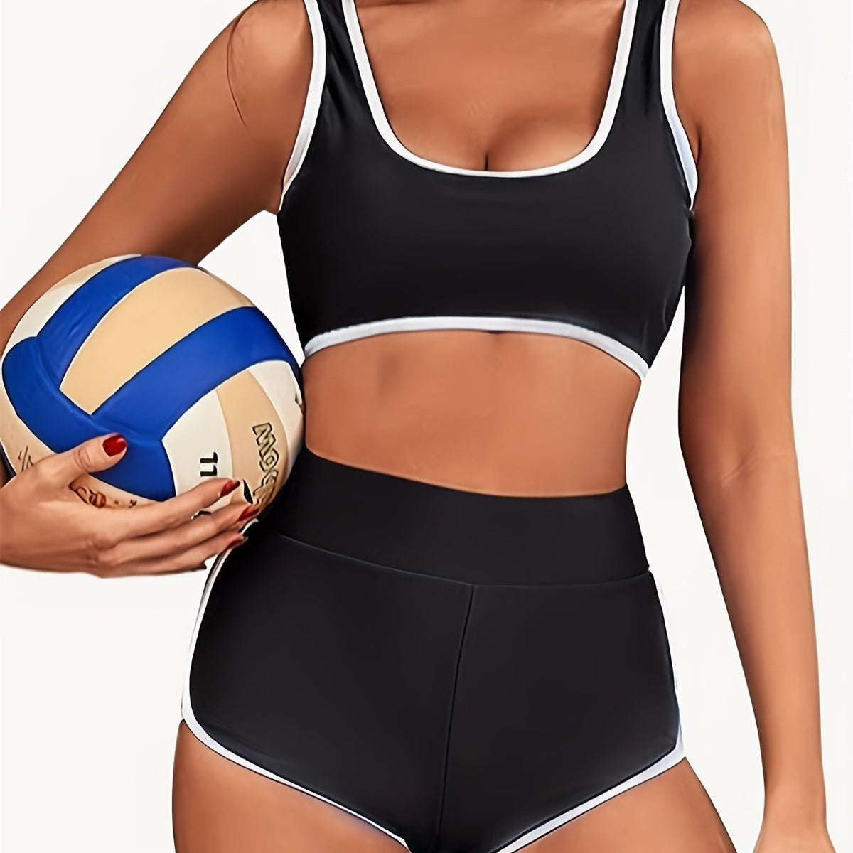 Sporty Bikini Set Plus Size Contrast Trim Scoop Neck Tank Bra & High Waisted Sho