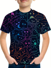 Gradient Cartoon Line Print Boy's Casual Short Sleeve T-shirt