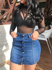 High Stretch Denim Skirt Bodycon Slash Pockets High Waists