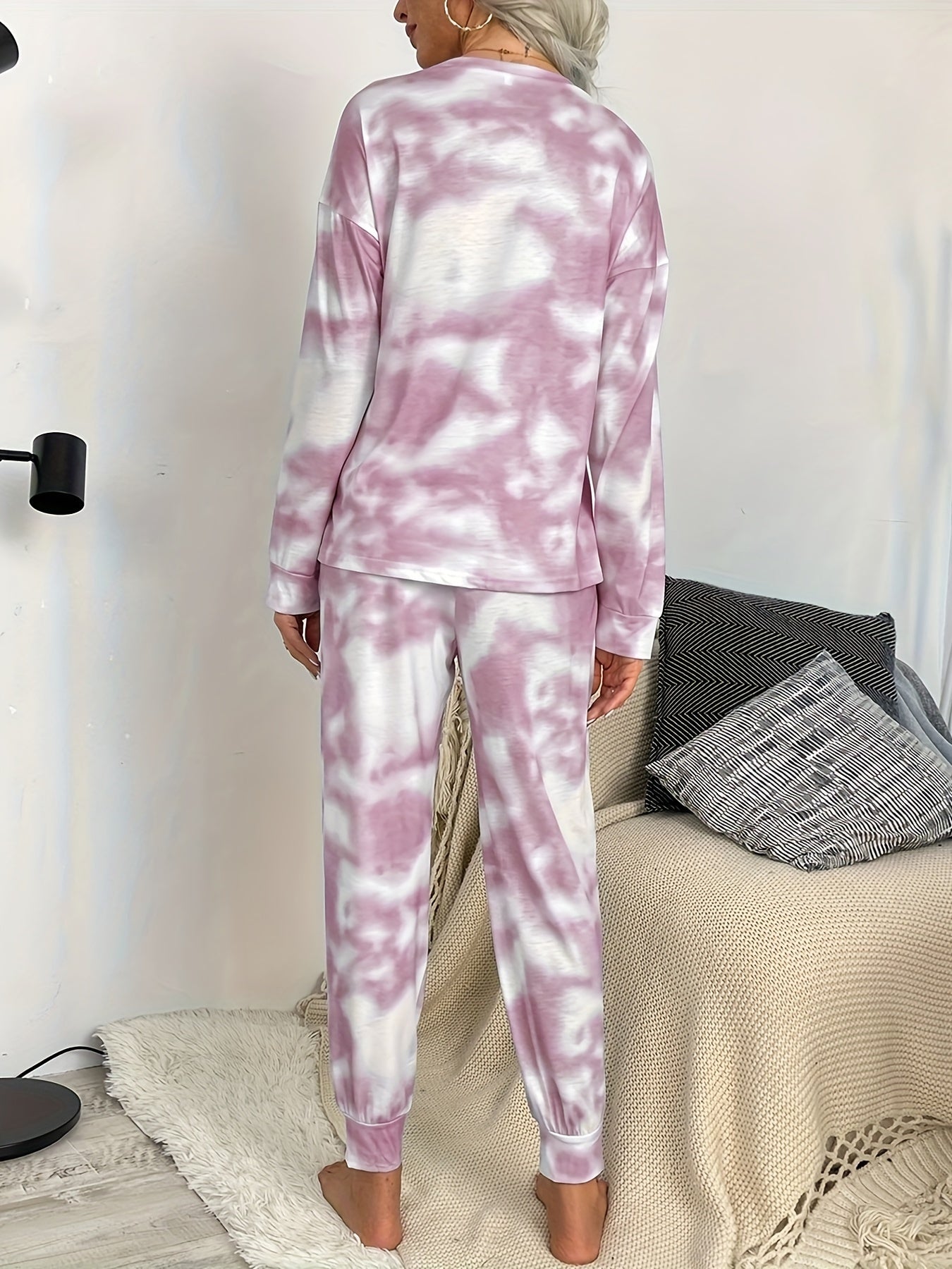 Tie Dye Print Lounge Set Long Sleeve Top & Pants Women's Loungewear