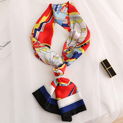 Satin Ribbon Long Small Silk Scarf with Lake Golden Deer Print Neck Scarf